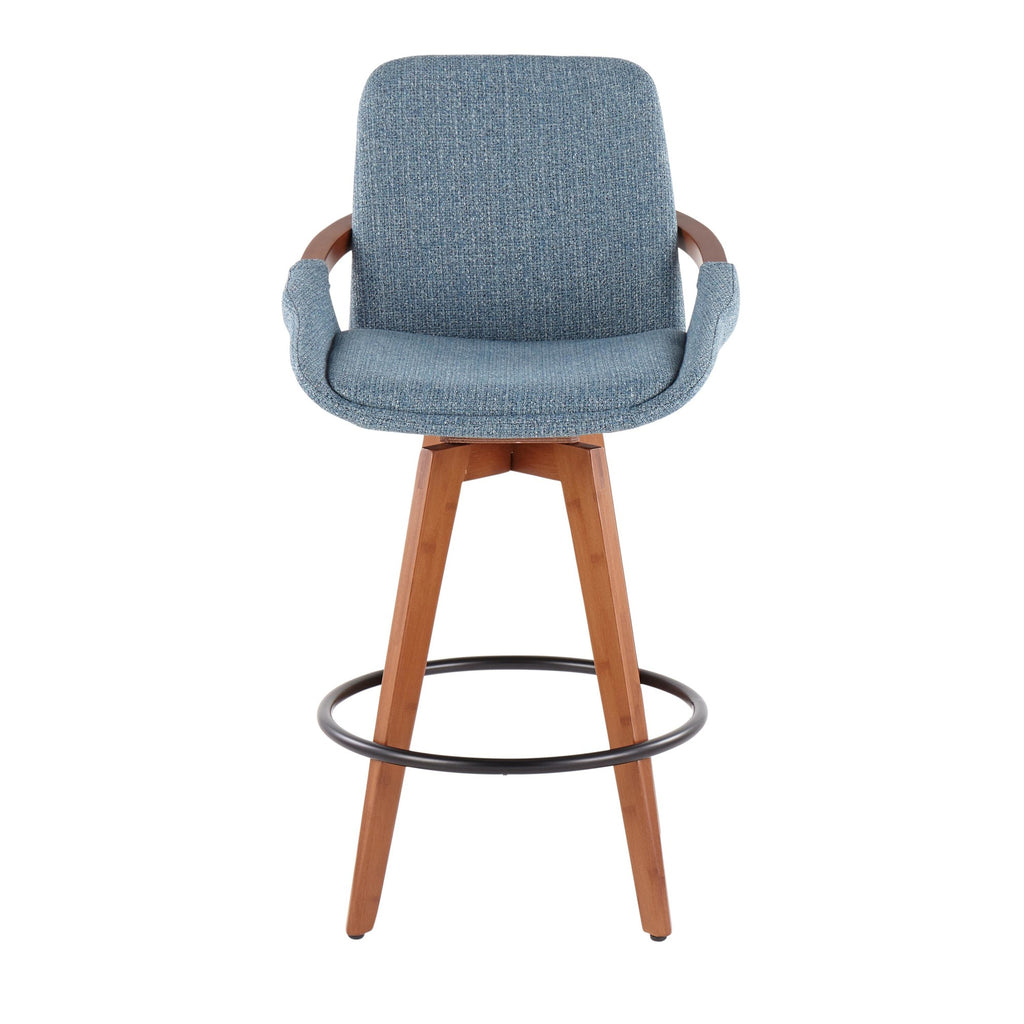 Cosmo 26" Fixed-Height Counter Stool - Walnut Bamboo, Blue Noise Fabric, Black Metal