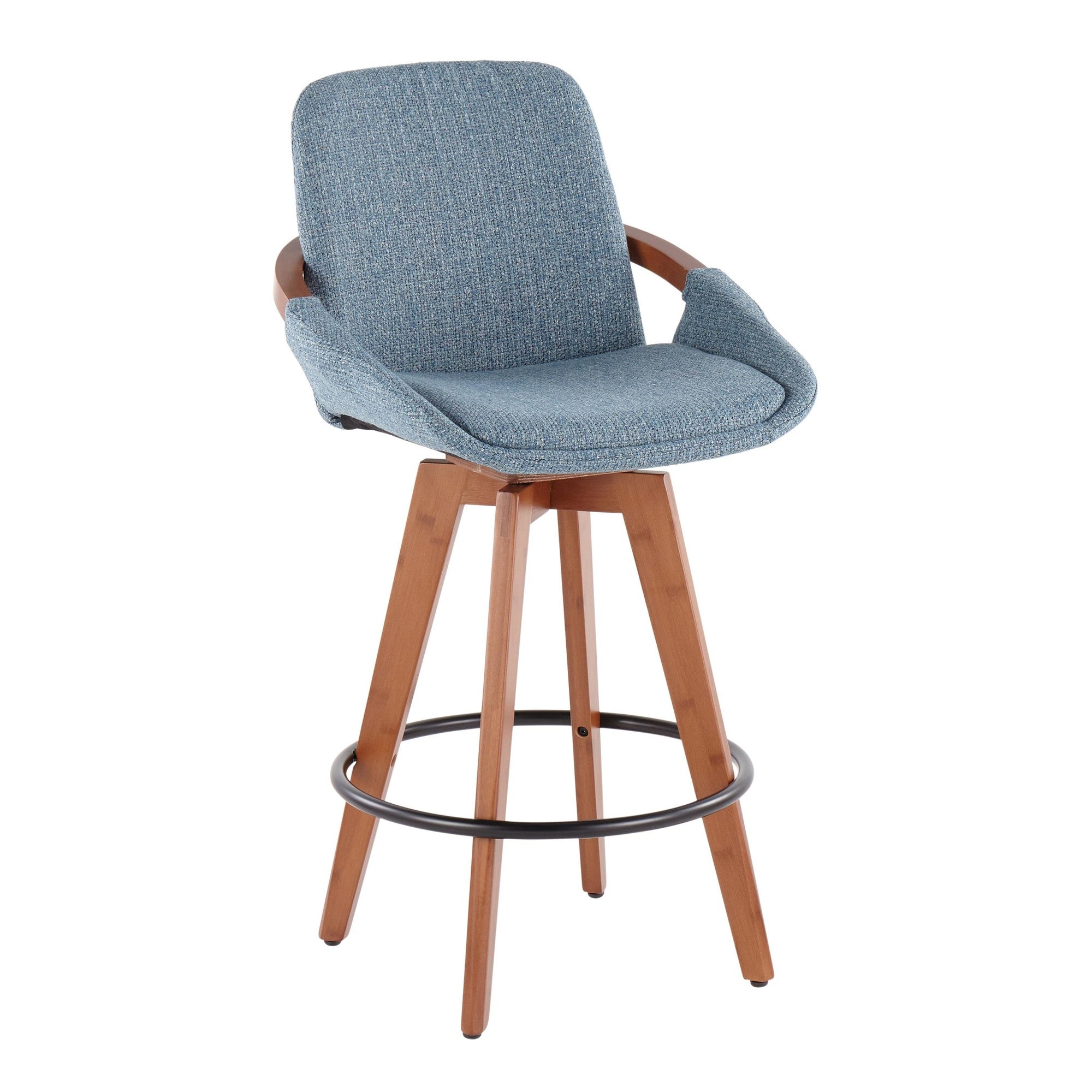 Cosmo 26" Fixed-Height Counter Stool - Walnut Bamboo, Blue Noise Fabric, Black Metal