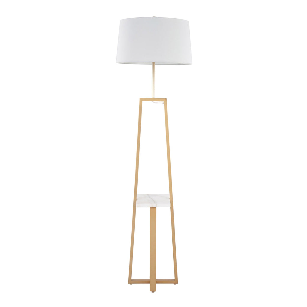 Cosmo Shelf Floor Lamp - White Marble, Gold Metal, White Linen