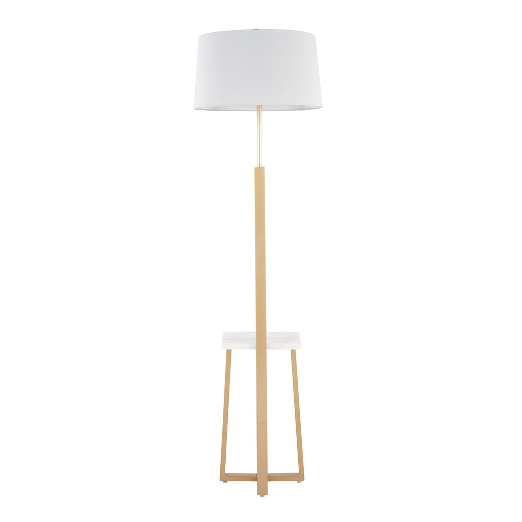 Cosmo Shelf Floor Lamp - White Marble, Gold Metal, White Linen