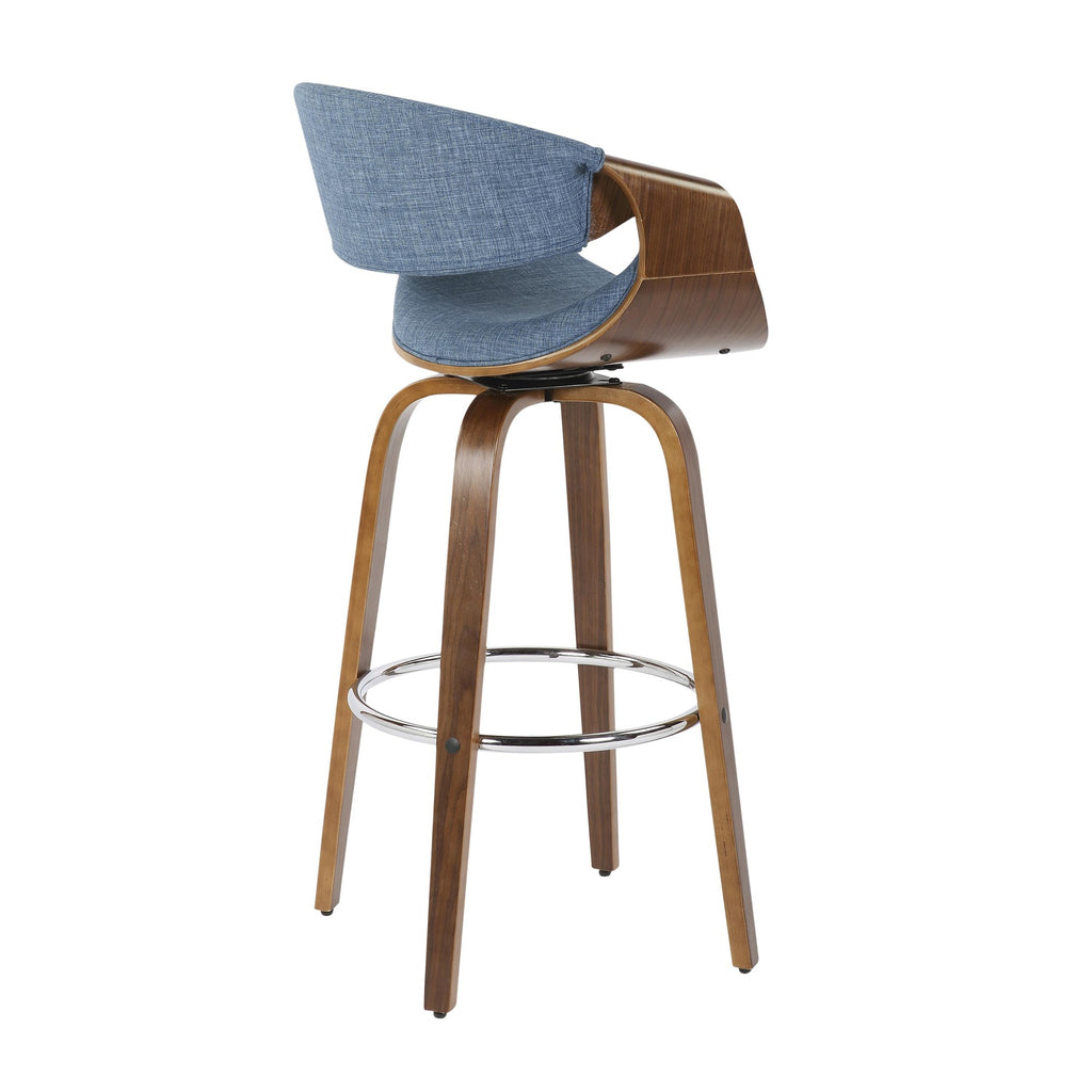 Curvini 30'' Fixed-Height Barstool - Set of 2 - Walnut Wood, Blue Fabric, Chrome