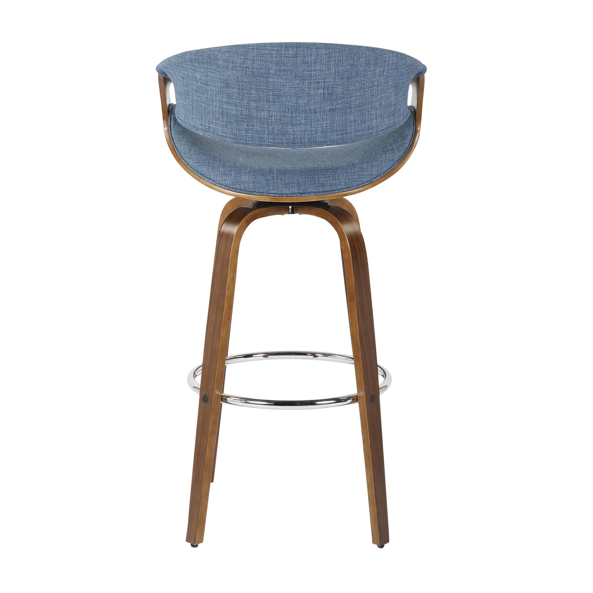 Curvini 30'' Fixed-Height Barstool - Set of 2 - Walnut Wood, Blue Fabric, Chrome