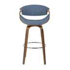 Curvini 30'' Fixed-Height Barstool - Set of 2 - Walnut Wood, Blue Fabric, Chrome