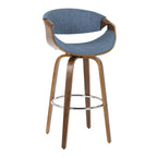 Curvini 30'' Fixed-Height Barstool - Set of 2 - Walnut Wood, Blue Fabric, Chrome