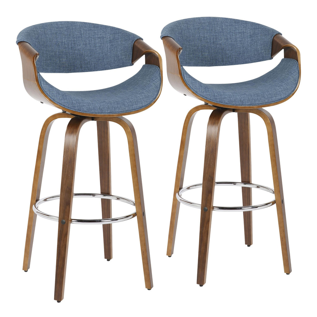 Curvini 30'' Fixed-Height Barstool - Set of 2 - Walnut Wood, Blue Fabric, Chrome