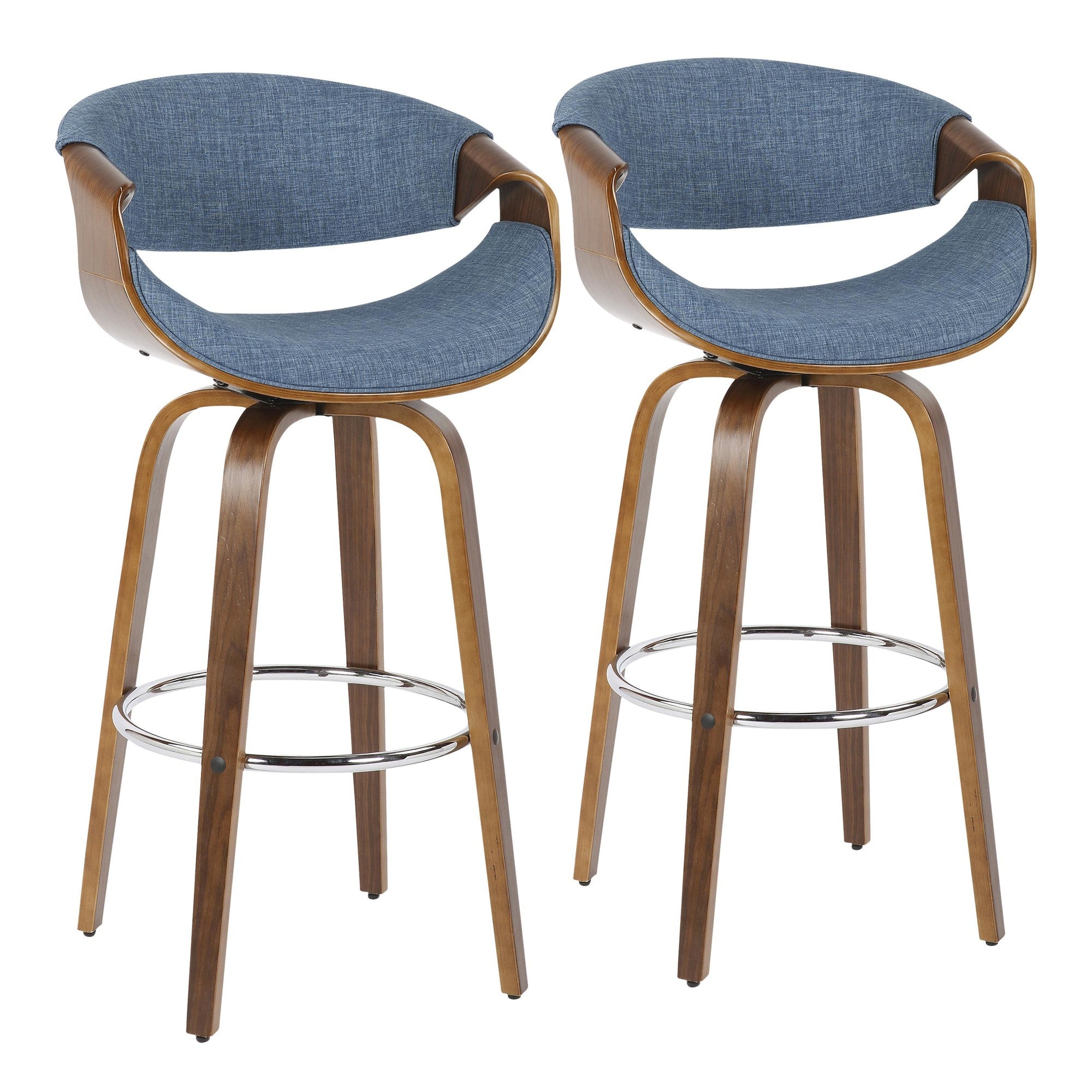 Curvini 30'' Fixed-Height Barstool - Set of 2 - Walnut Wood, Blue Fabric, Chrome