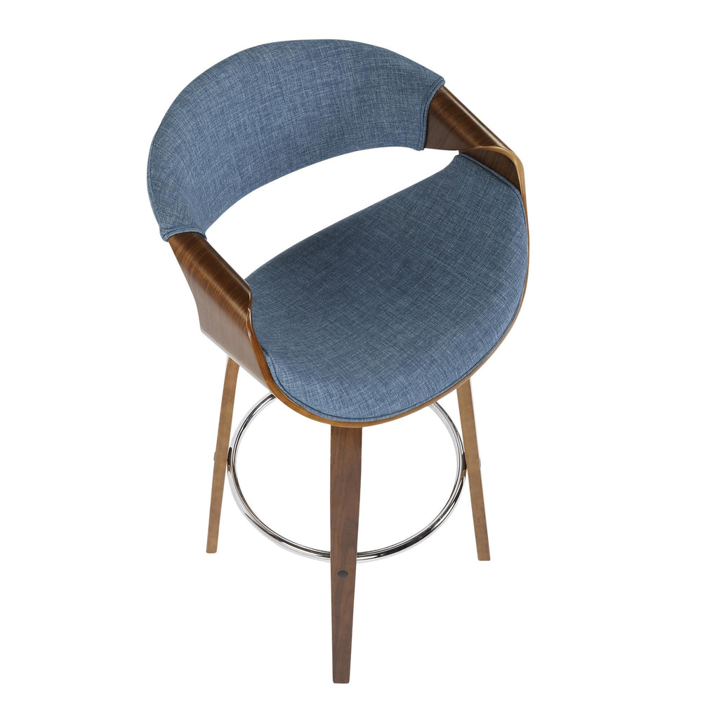 Curvini 30'' Fixed-Height Barstool - Set of 2 - Walnut Wood, Blue Fabric, Chrome