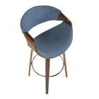 Curvini 30'' Fixed-Height Barstool - Set of 2 - Walnut Wood, Blue Fabric, Chrome