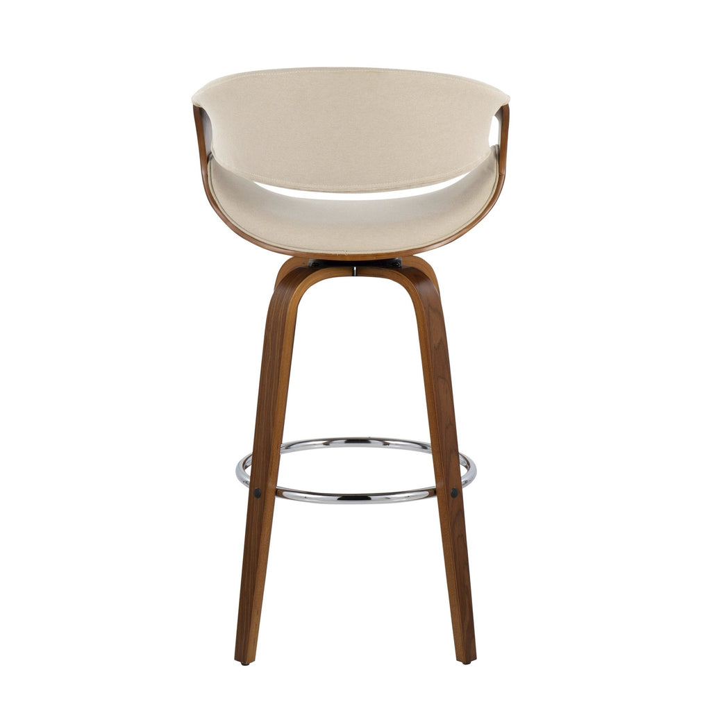 Curvini 30'' Fixed-Height Barstool - Set of 2 - Walnut Wood, Cream Fabric, Chrome
