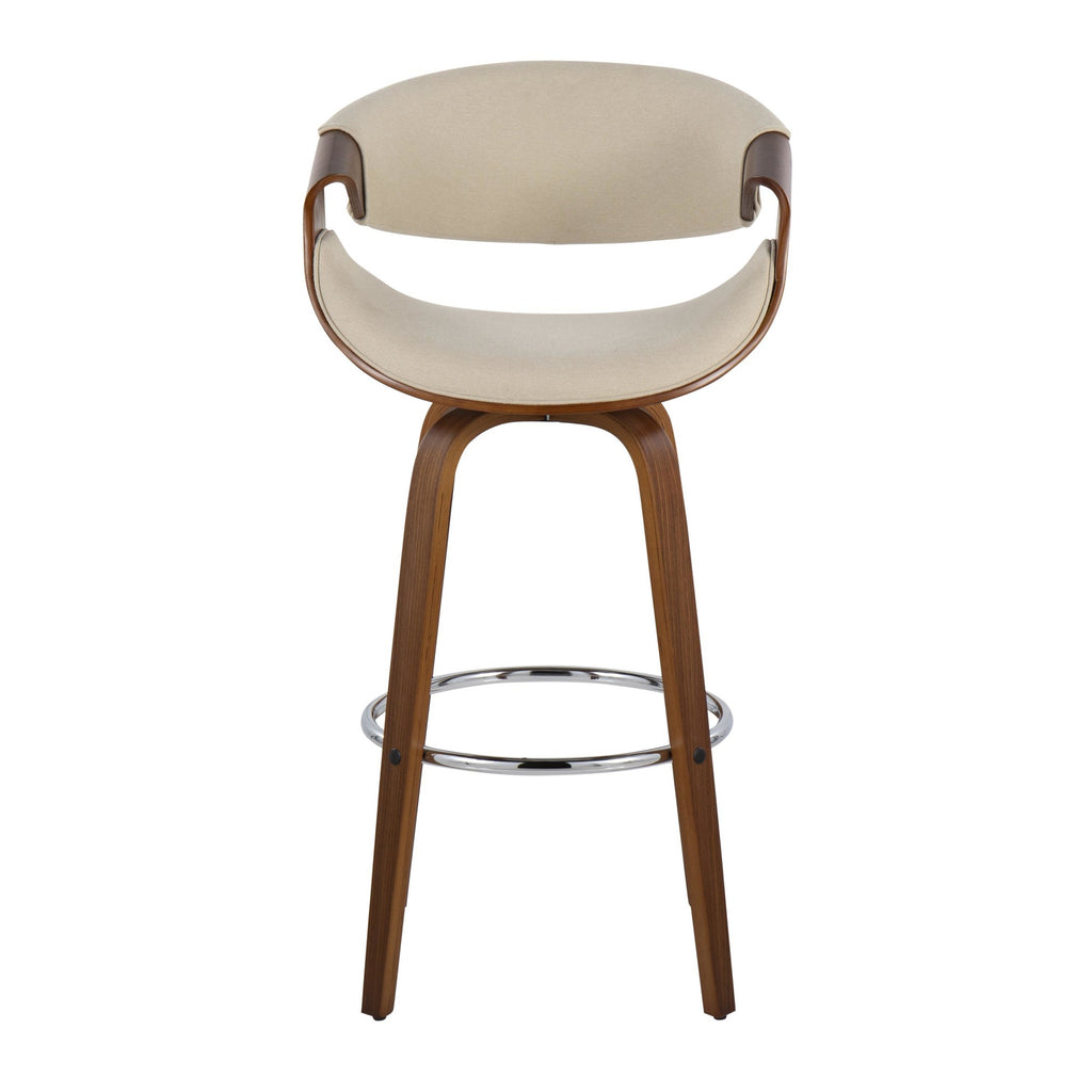 Curvini 30'' Fixed-Height Barstool - Set of 2 - Walnut Wood, Cream Fabric, Chrome