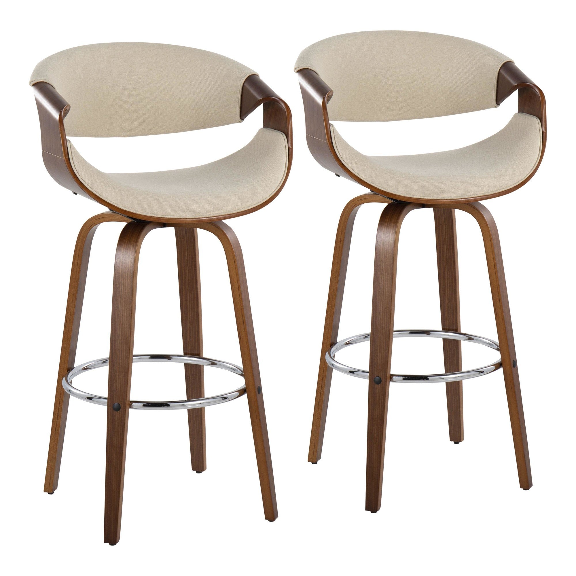 Curvini 30'' Fixed-Height Barstool - Set of 2 - Walnut Wood, Cream Fabric, Chrome