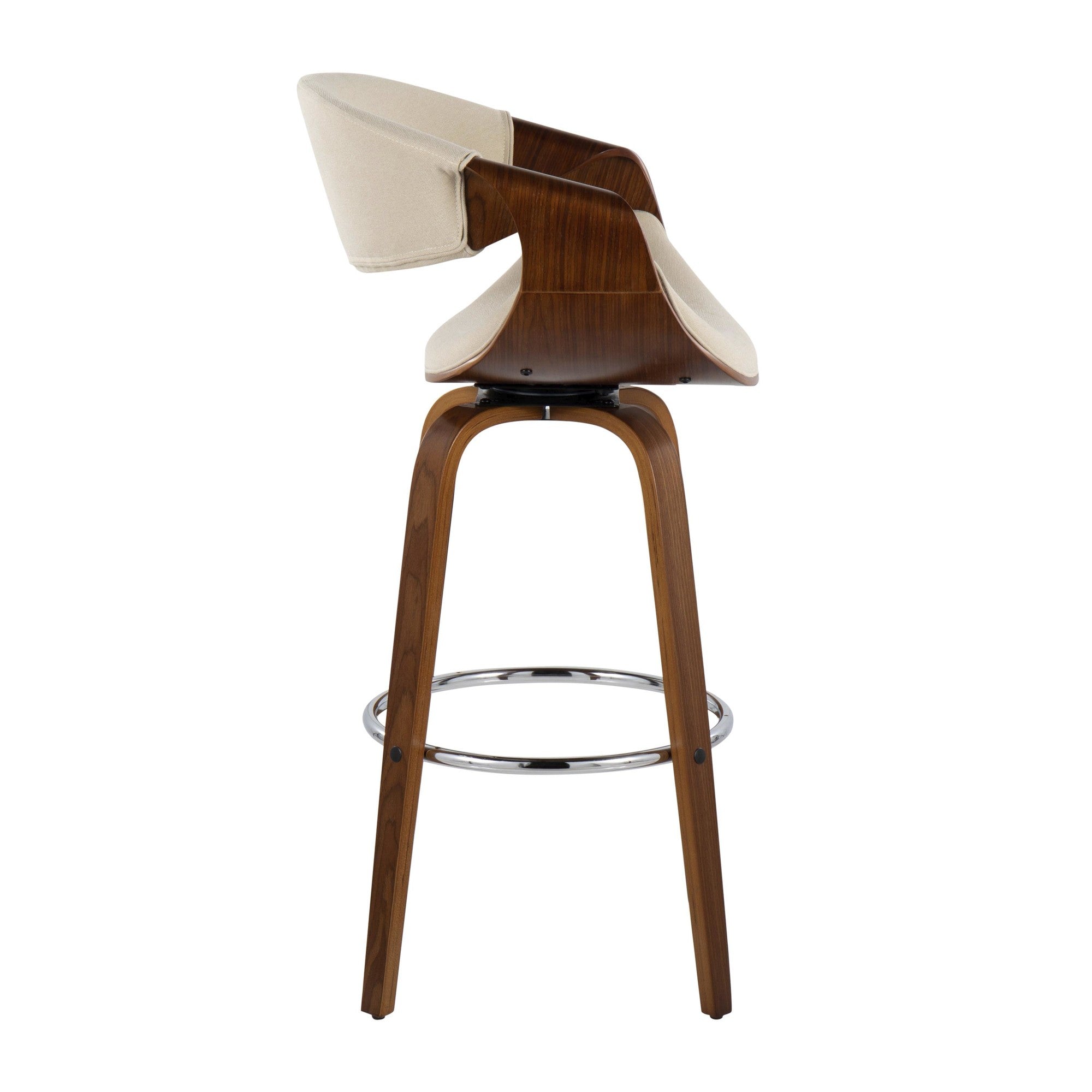 Curvini 30'' Fixed-Height Barstool - Set of 2 - Walnut Wood, Cream Fabric, Chrome