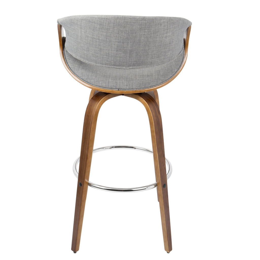 Curvini 30'' Fixed-Height Barstool - Set of 2 - Walnut Wood, Grey Fabric, Chrome