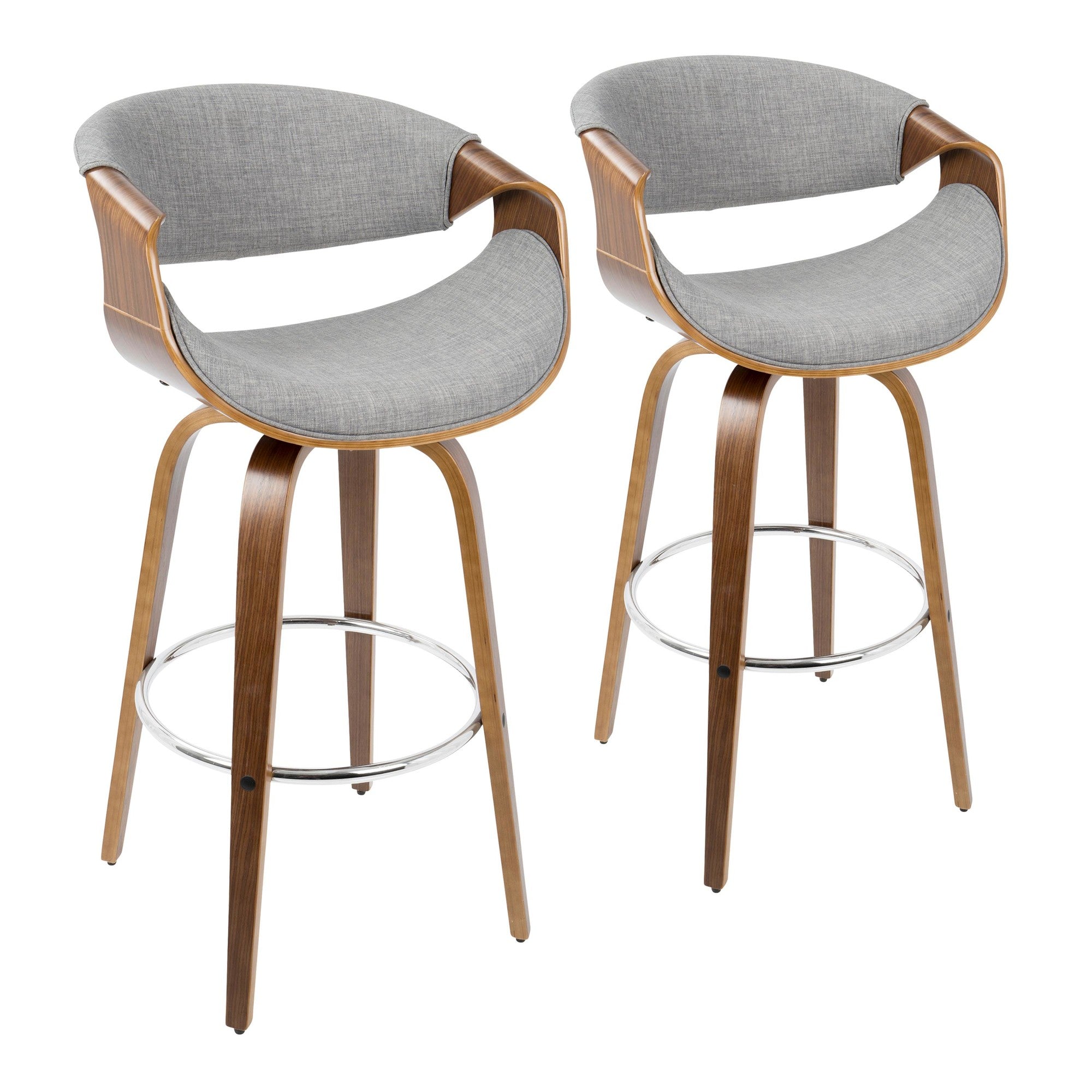 Curvini 30'' Fixed-Height Barstool - Set of 2 - Walnut Wood, Grey Fabric, Chrome