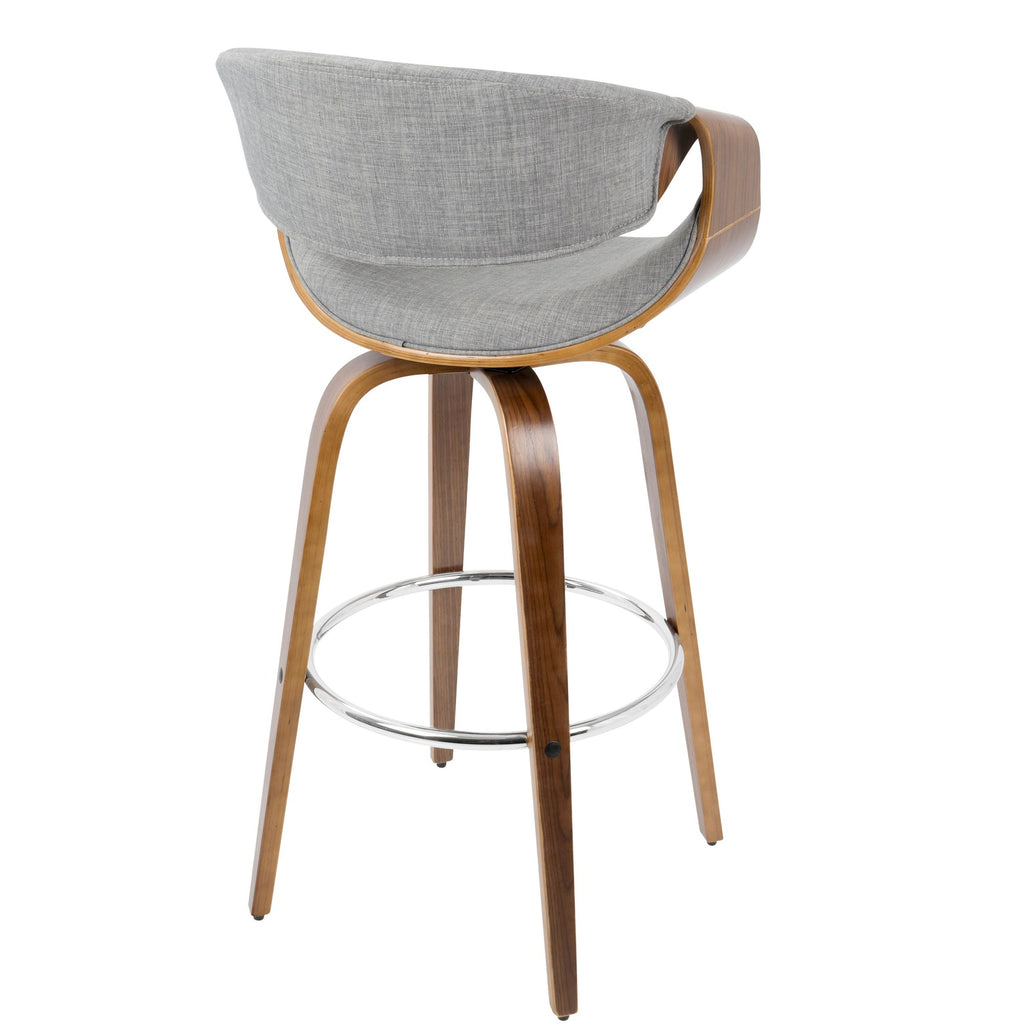 Curvini 30'' Fixed-Height Barstool - Set of 2 - Walnut Wood, Grey Fabric, Chrome