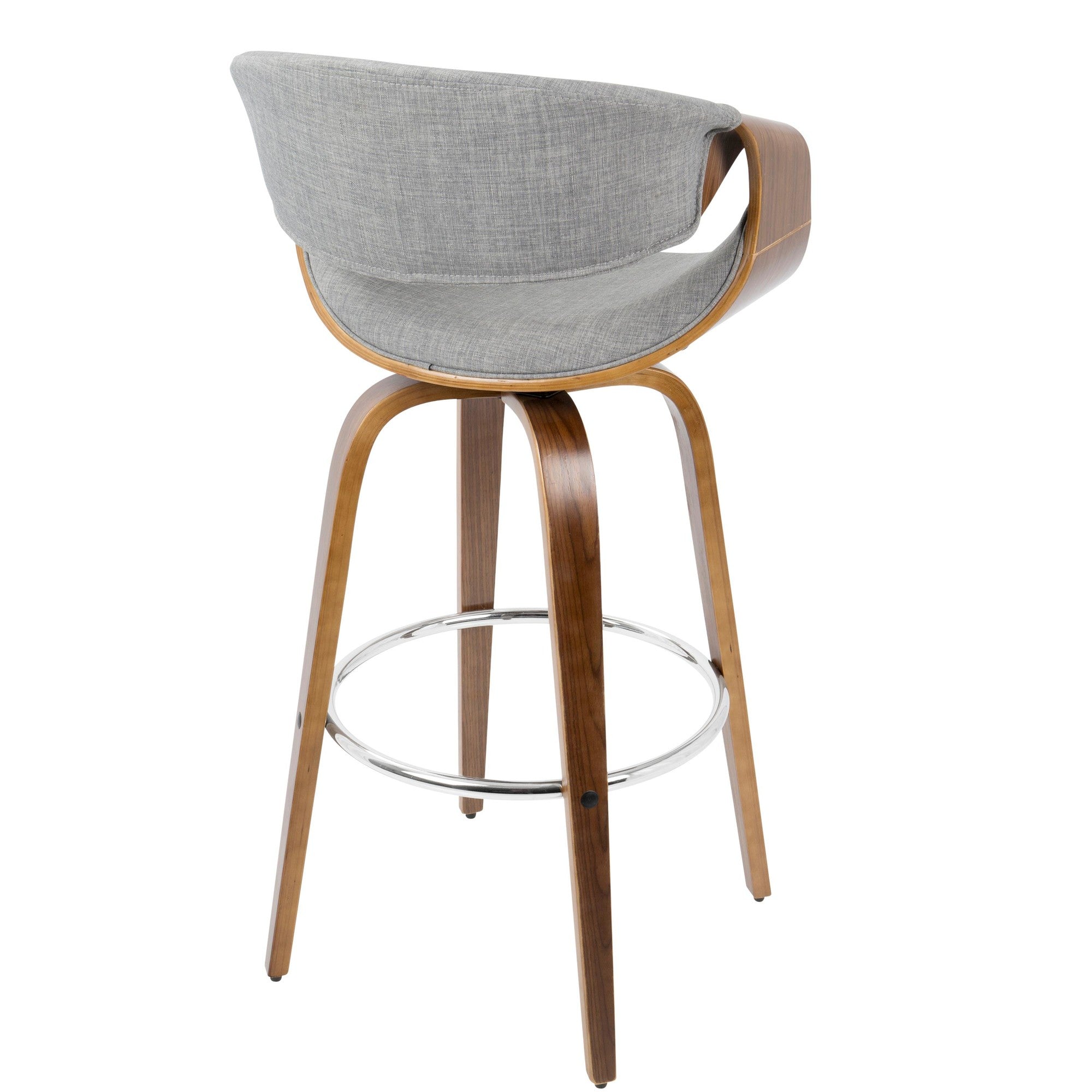 Curvini 30'' Fixed-Height Barstool - Set of 2 - Walnut Wood, Grey Fabric, Chrome