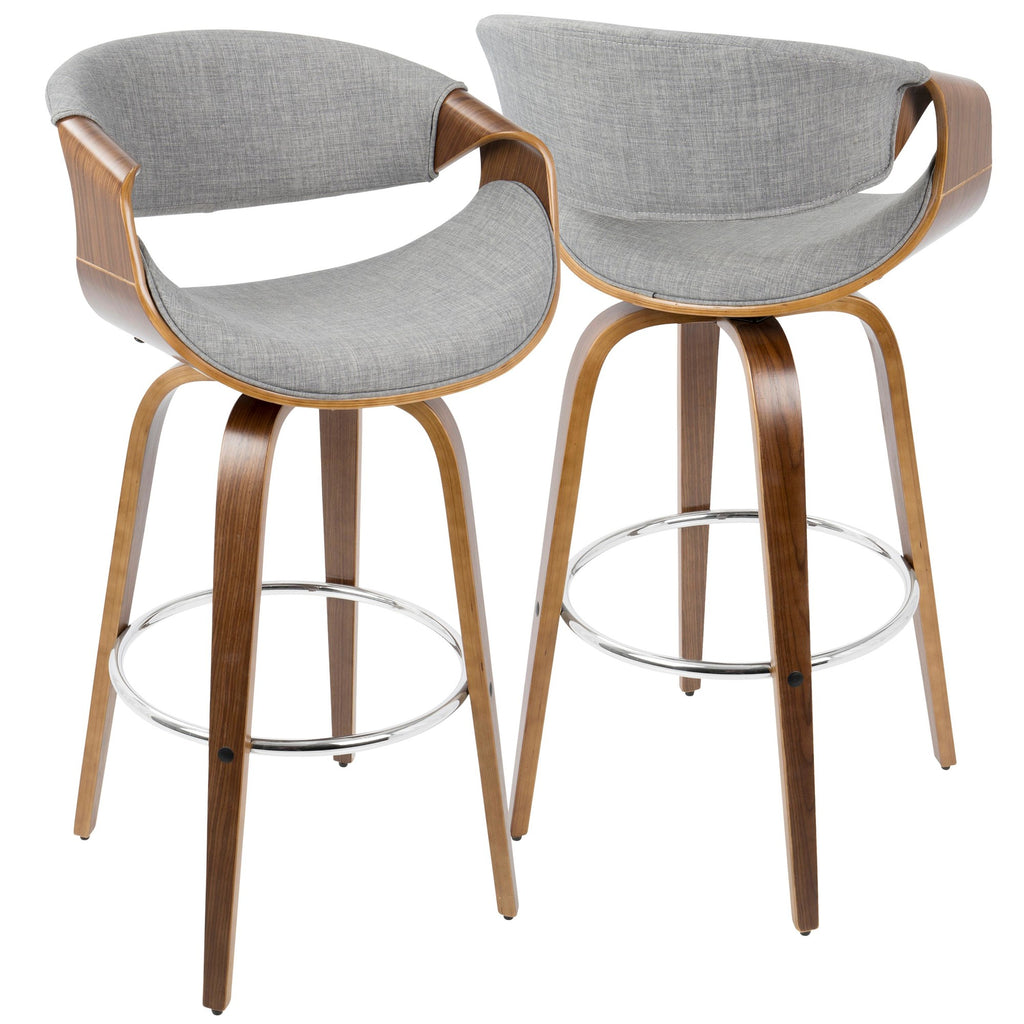Curvini 30'' Fixed-Height Barstool - Set of 2 - Walnut Wood, Grey Fabric, Chrome