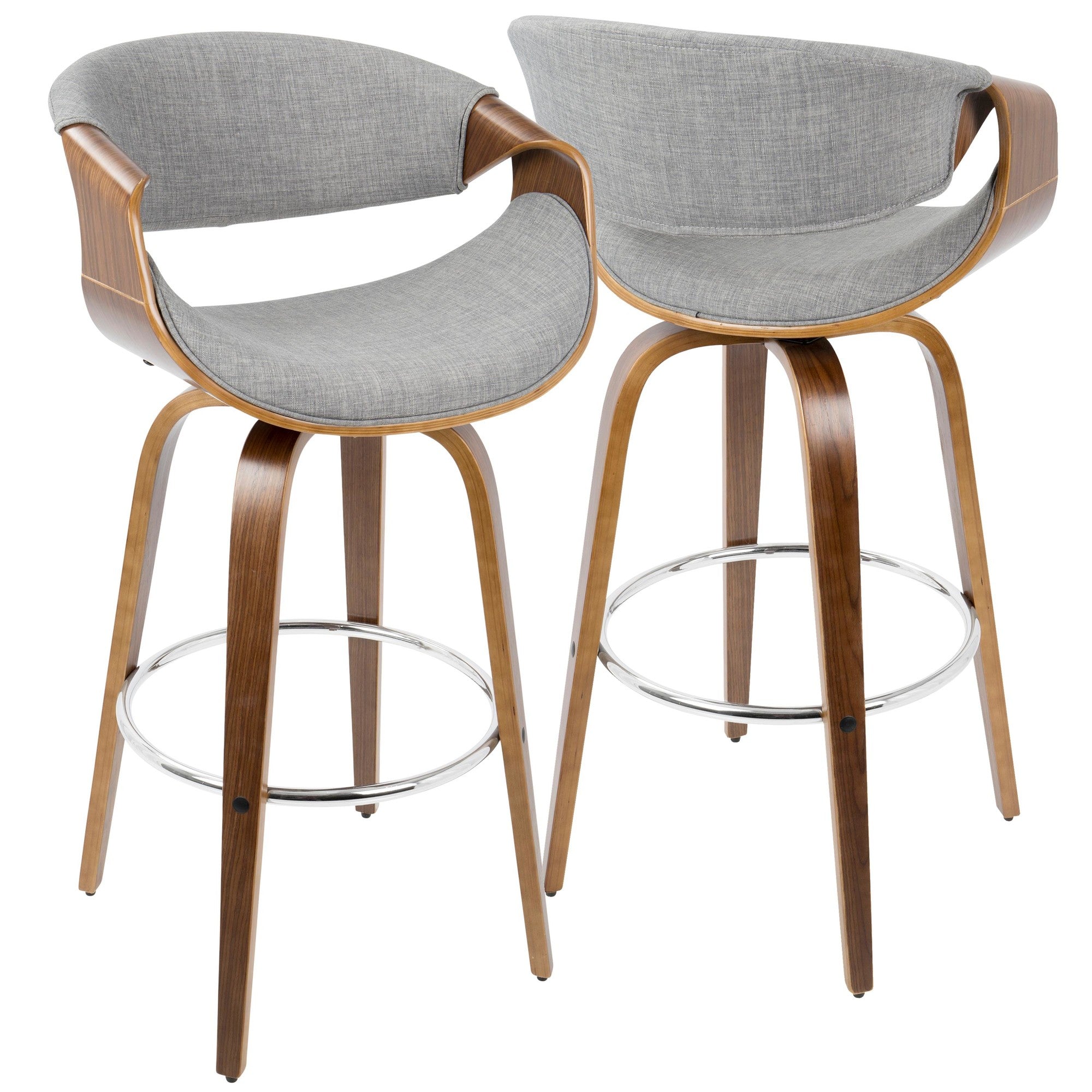 Curvini 30'' Fixed-Height Barstool - Set of 2 - Walnut Wood, Grey Fabric, Chrome