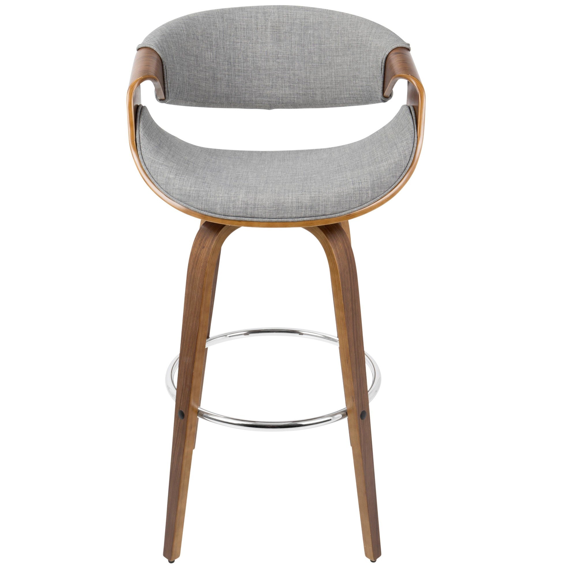 Curvini 30'' Fixed-Height Barstool - Set of 2 - Walnut Wood, Grey Fabric, Chrome
