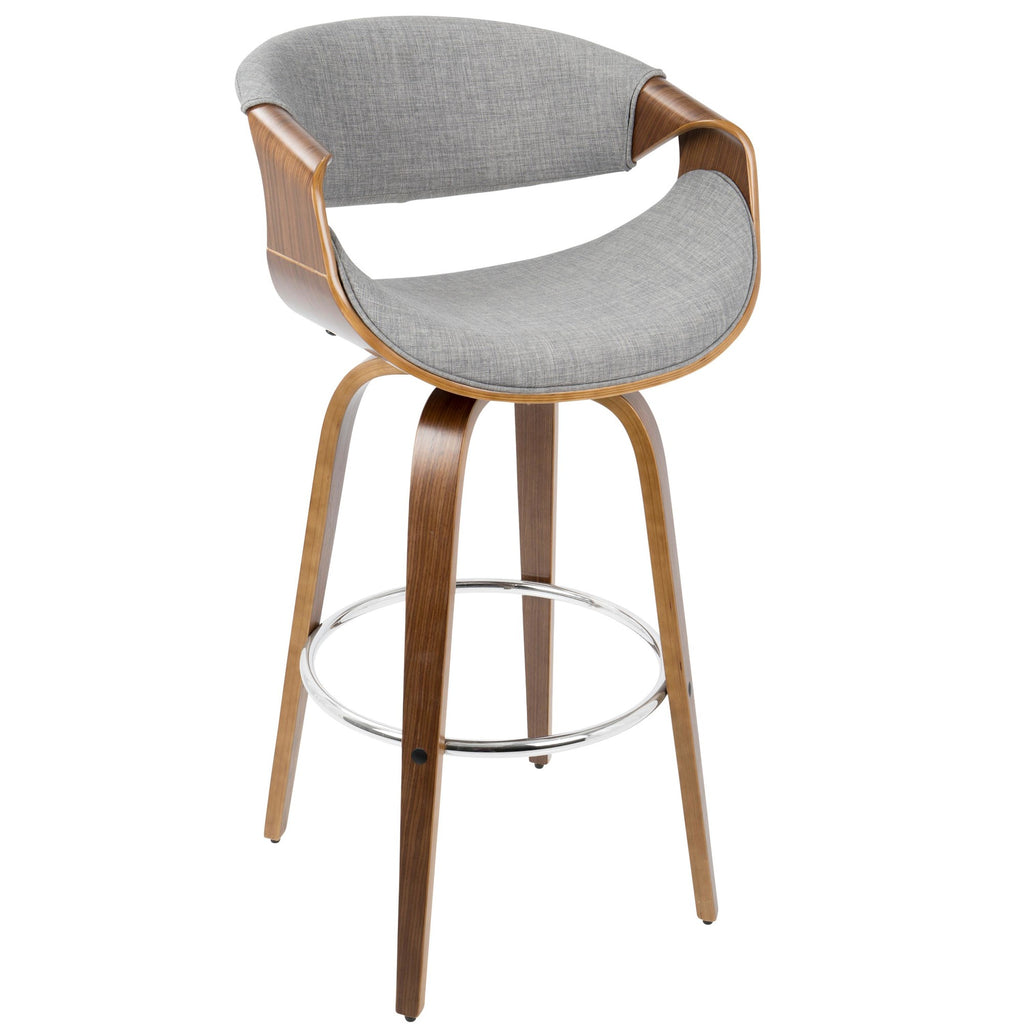 Curvini 30'' Fixed-Height Barstool - Set of 2 - Walnut Wood, Grey Fabric, Chrome
