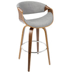 Curvini 30'' Fixed-Height Barstool - Set of 2 - Walnut Wood, Grey Fabric, Chrome