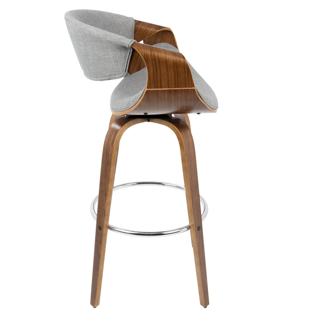 Curvini 30'' Fixed-Height Barstool - Set of 2 - Walnut Wood, Grey Fabric, Chrome