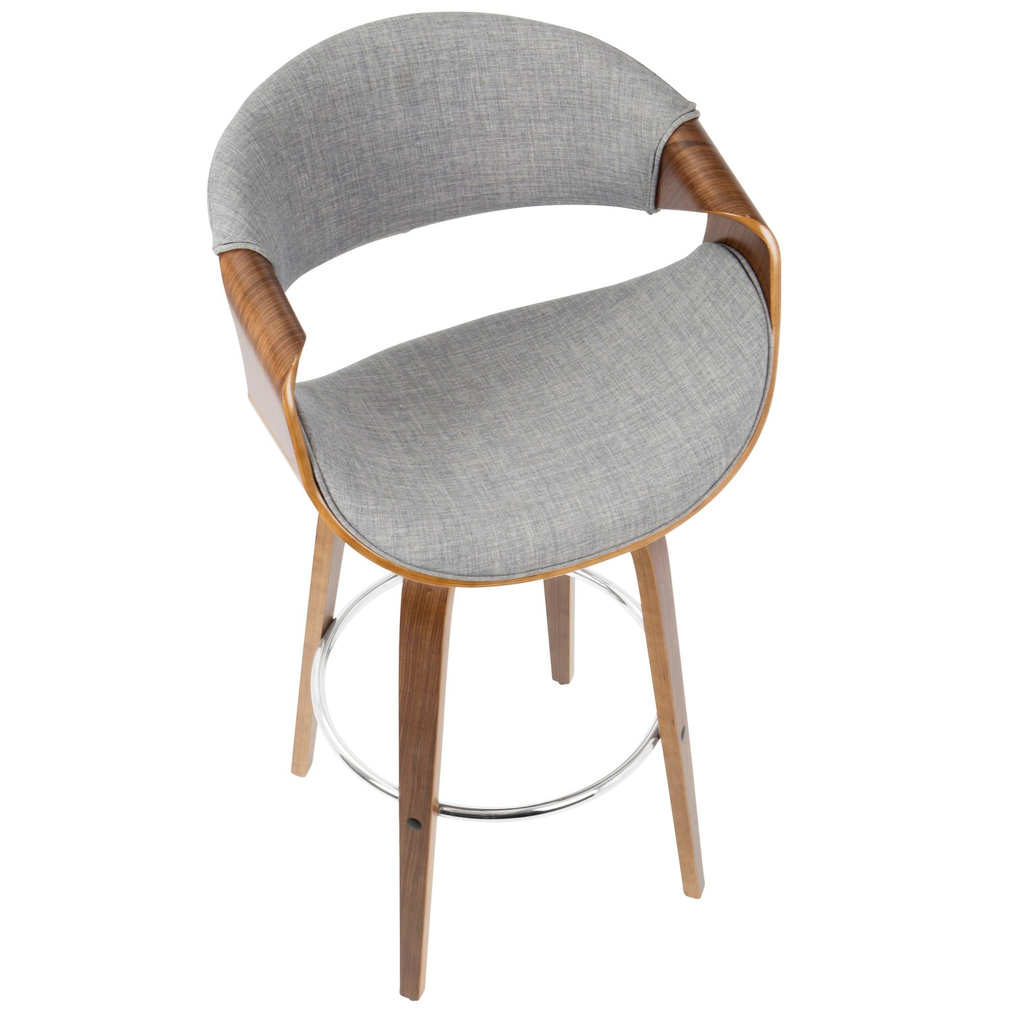 Curvini 30'' Fixed-Height Barstool - Set of 2 - Walnut Wood, Grey Fabric, Chrome