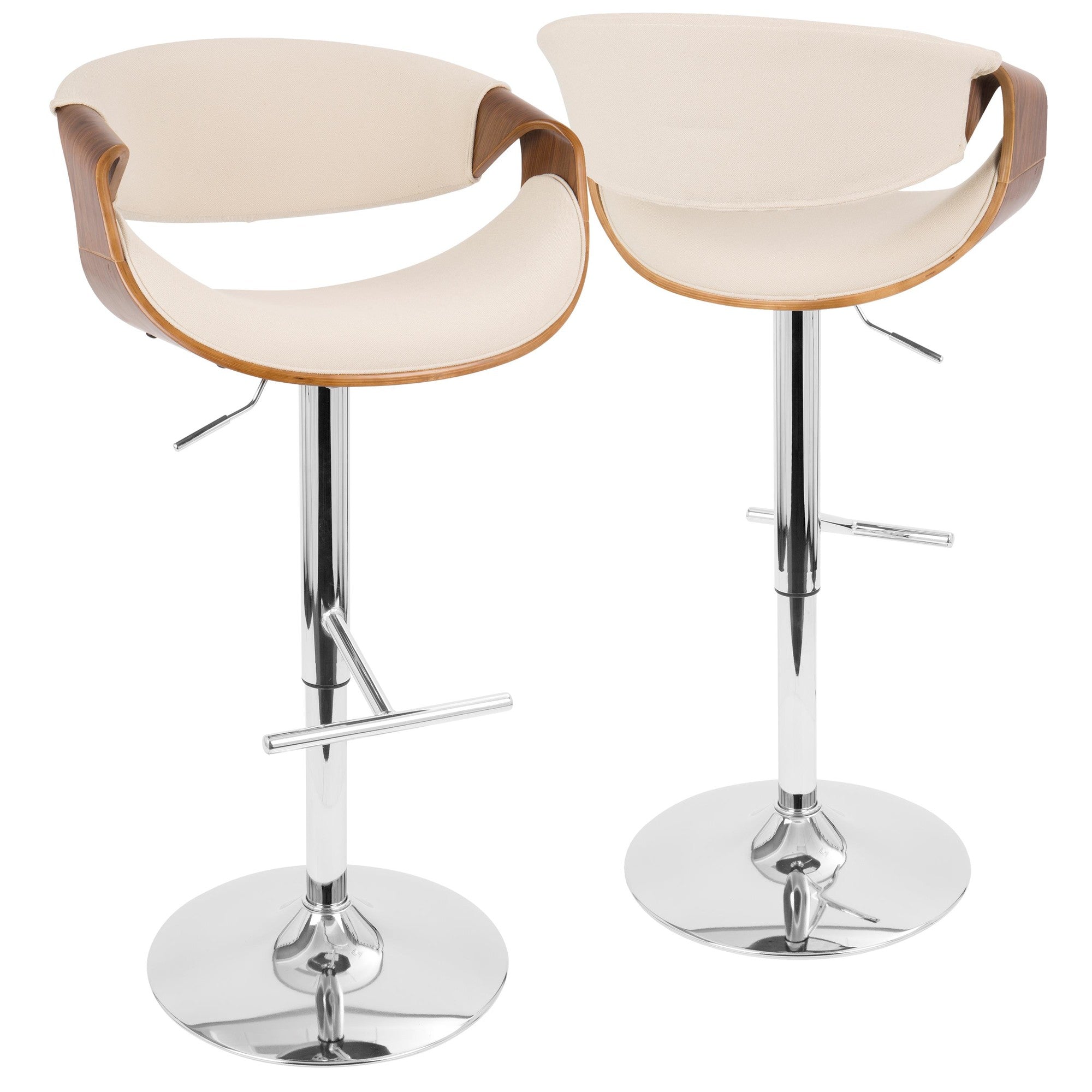 Curvo Adjustable Barstool - Chrome, Walnut Wood, Cream Fabric