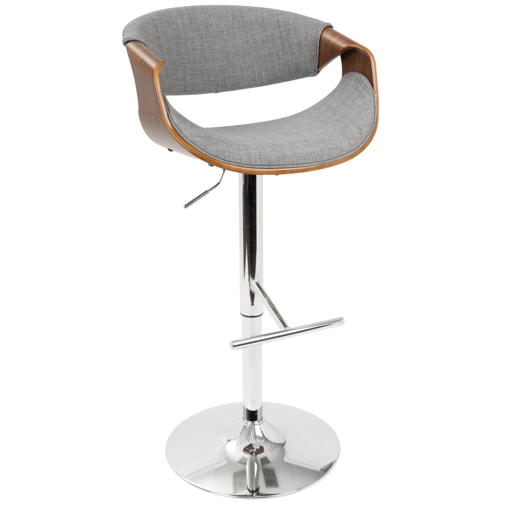 Curvo Adjustable Barstool - Chrome, Walnut Wood, Light Grey Fabric