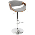 Curvo Adjustable Barstool - Chrome, Walnut Wood, Light Grey Fabric
