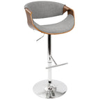 Curvo Adjustable Barstool - Chrome, Walnut Wood, Light Grey Fabric
