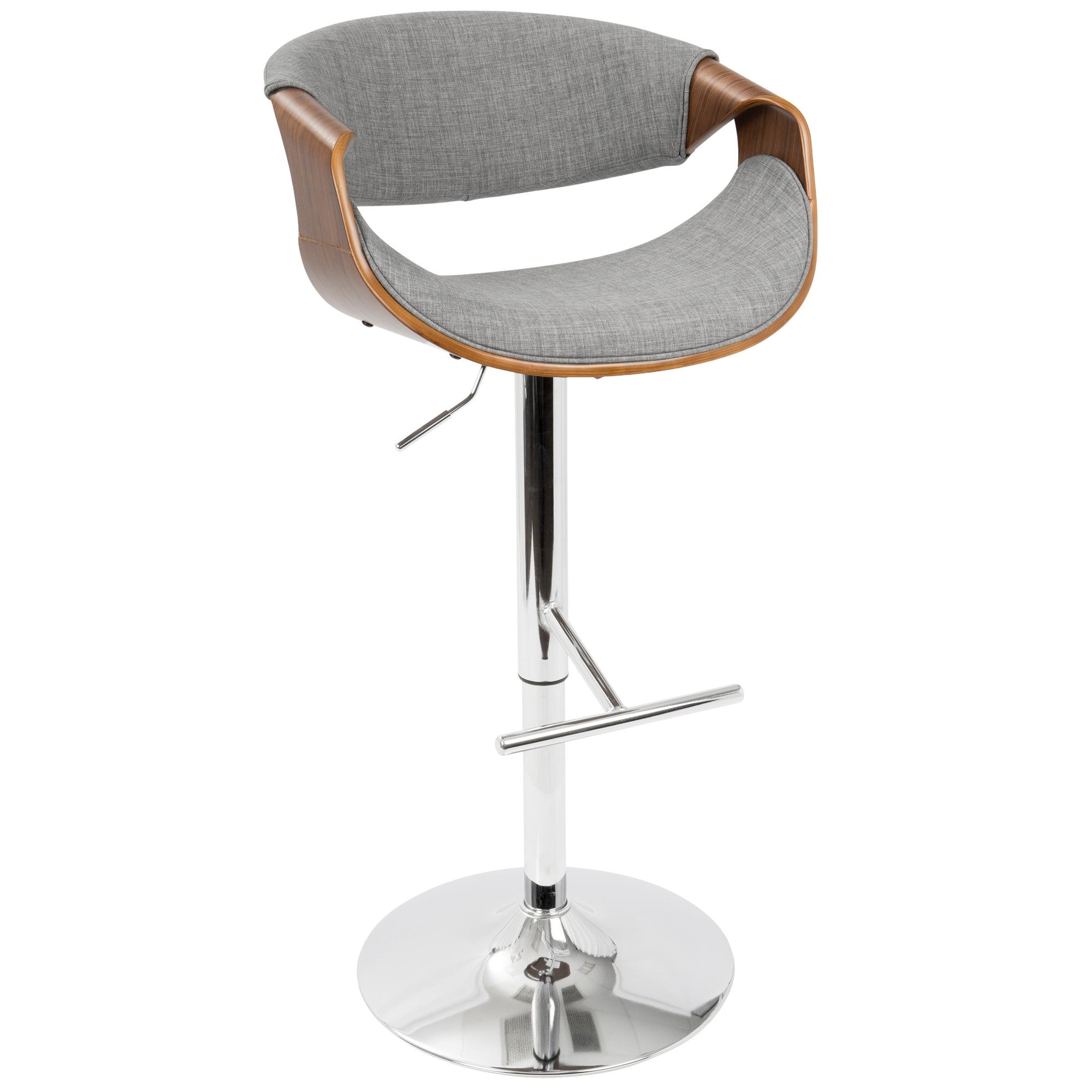 Curvo Adjustable Barstool - Chrome, Walnut Wood, Light Grey Fabric