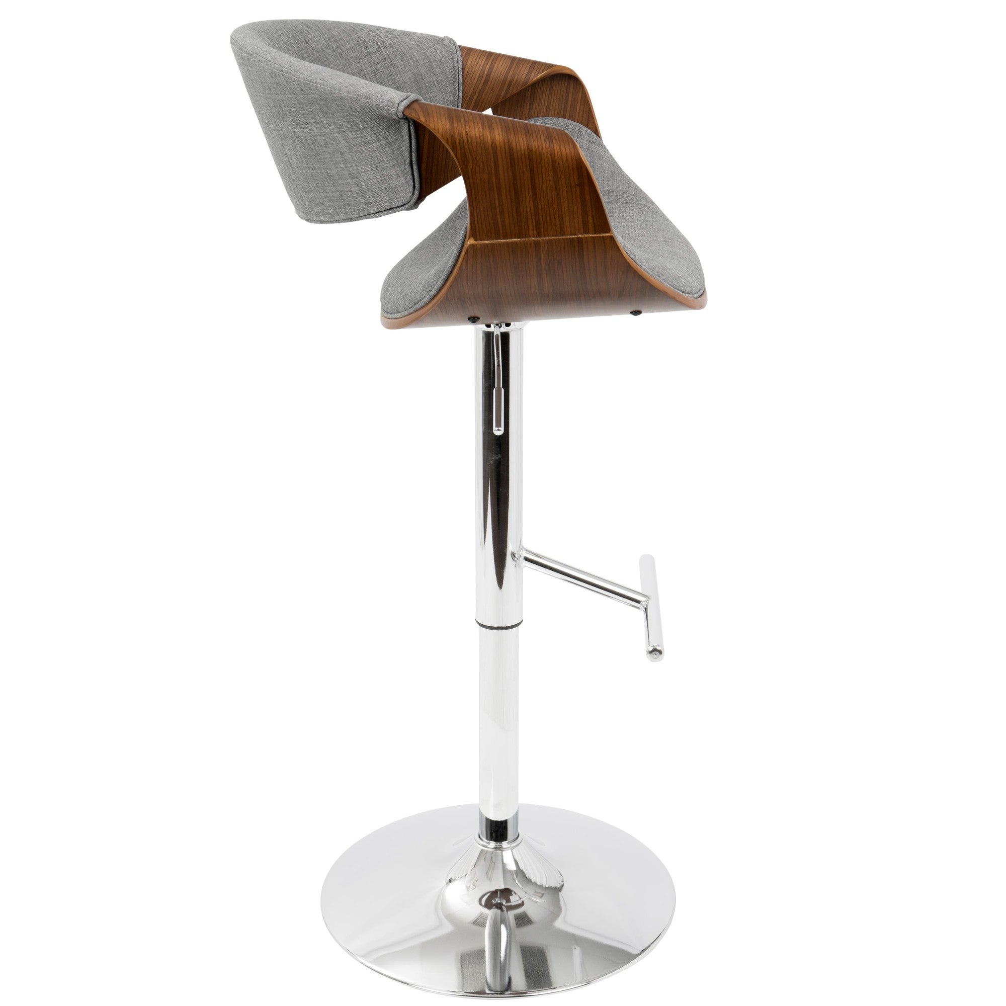 Curvo Adjustable Barstool - Chrome, Walnut Wood, Light Grey Fabric
