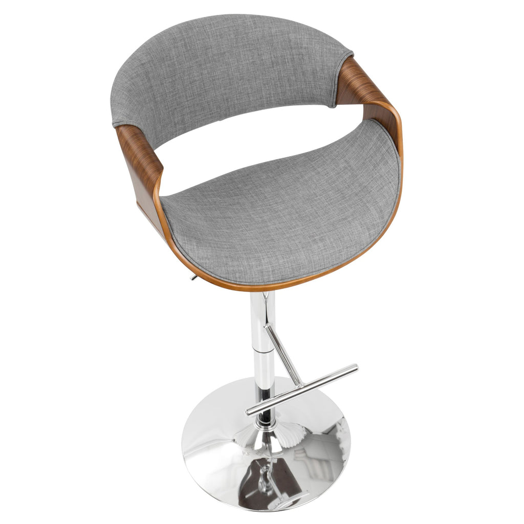 Curvo Adjustable Barstool - Chrome, Walnut Wood, Light Grey Fabric
