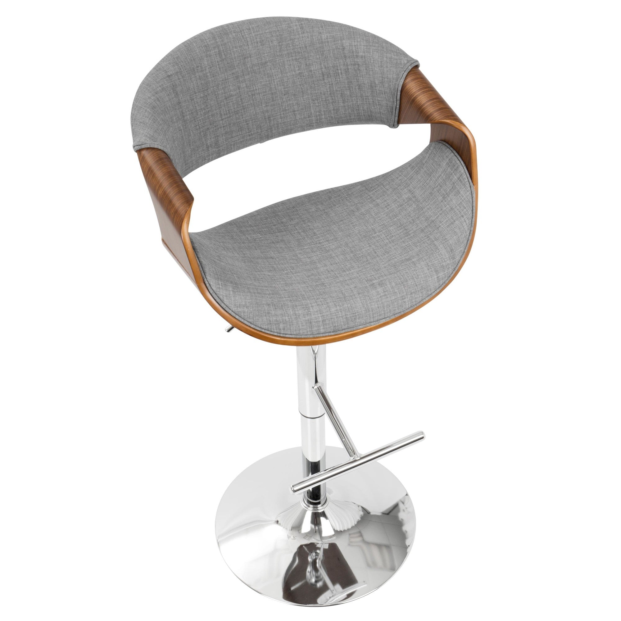 Curvo Adjustable Barstool - Chrome, Walnut Wood, Light Grey Fabric