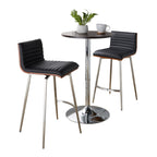 Mason Swivel Adjustable Counter Height Dining Set - 3 Piece - Chrome Metal, Brown Wood, Black PU, Stainless Steel