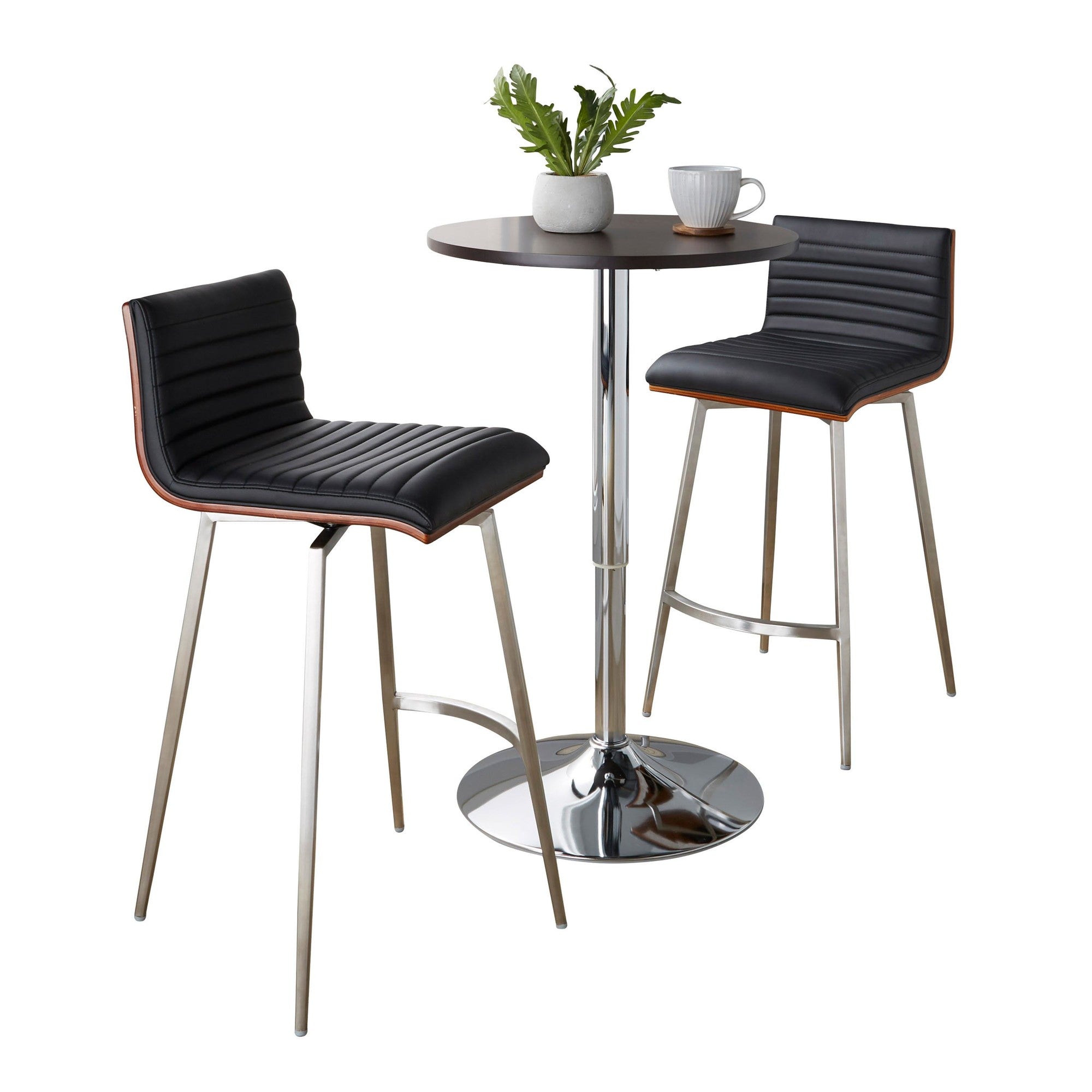 Mason Swivel Adjustable Counter Height Dining Set - 3 Piece - Chrome Metal, Brown Wood, Black PU, Stainless Steel