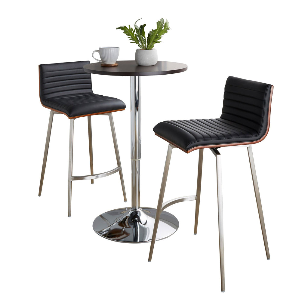 Mason Swivel Adjustable Counter Height Dining Set - 3 Piece - Chrome Metal, Brown Wood, Black PU, Stainless Steel