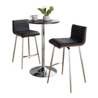 Mason Swivel Adjustable Counter Height Dining Set - 3 Piece - Chrome Metal, Brown Wood, Black PU, Stainless Steel