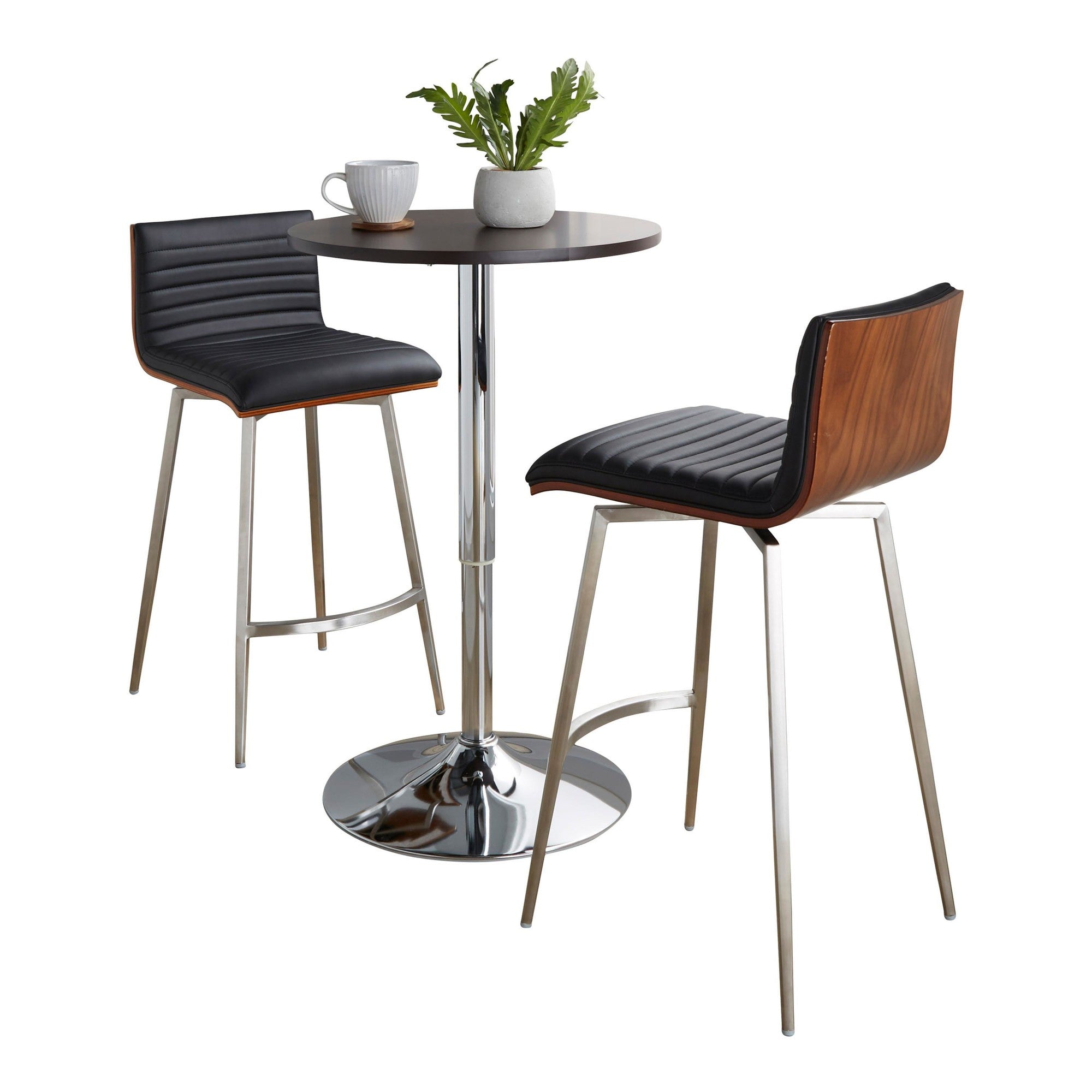 Mason Swivel Adjustable Counter Height Dining Set - 3 Piece - Chrome Metal, Brown Wood, Black PU, Stainless Steel