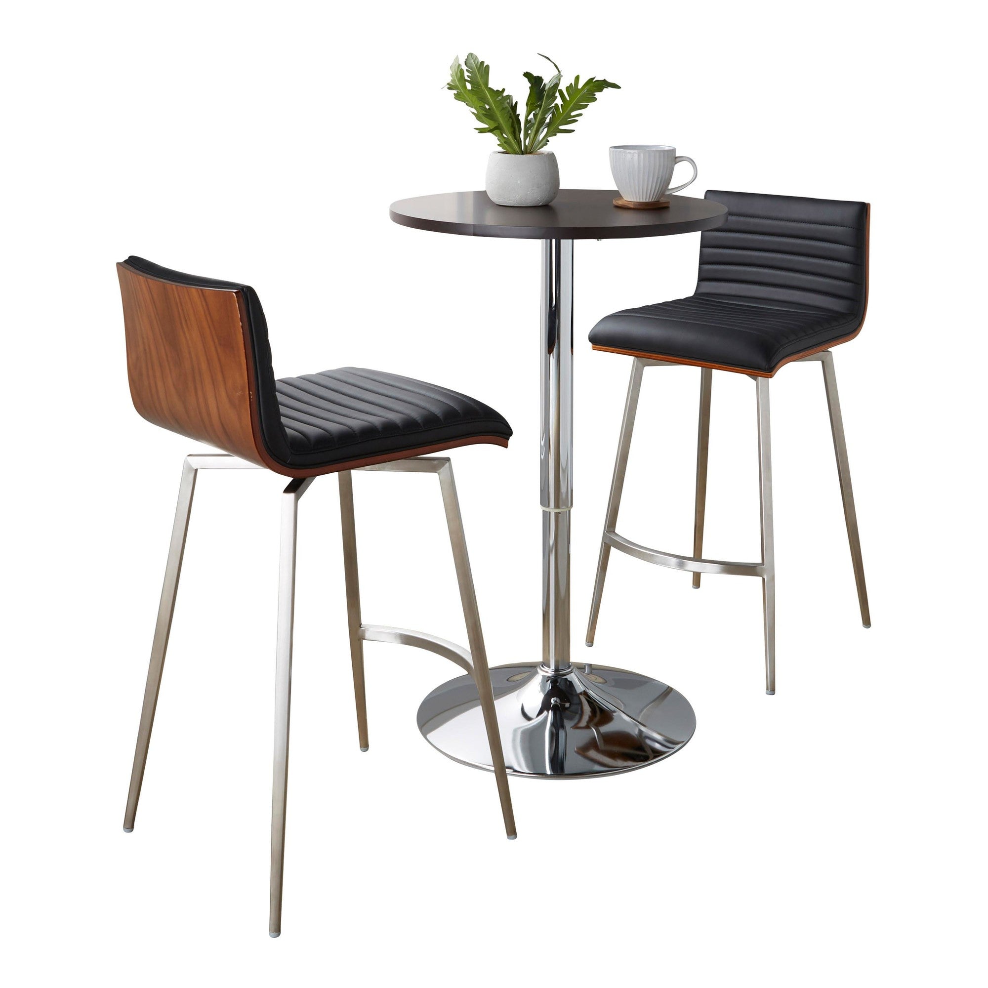 Mason Swivel Adjustable Counter Height Dining Set - 3 Piece - Chrome Metal, Brown Wood, Black PU, Stainless Steel