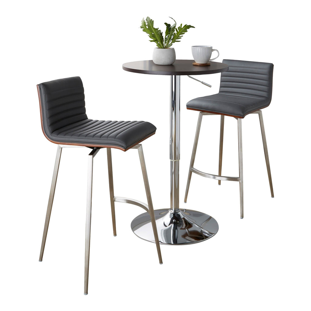 Mason Swivel Adjustable Counter Height Dining Set - 3 Piece - Chrome Metal, Brown Wood, Grey PU, Stainless Steel