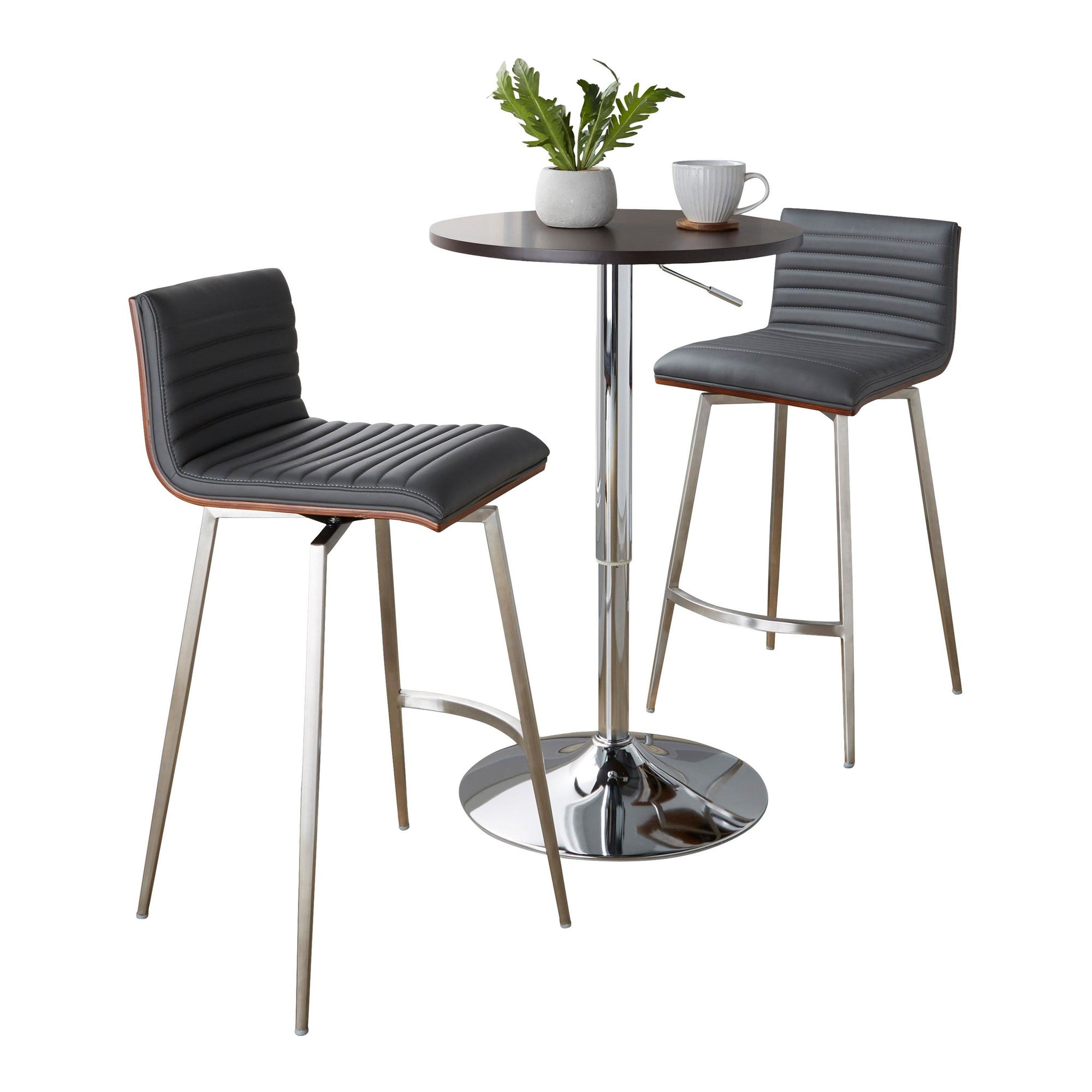 Mason Swivel Adjustable Counter Height Dining Set - 3 Piece - Chrome Metal, Brown Wood, Grey PU, Stainless Steel