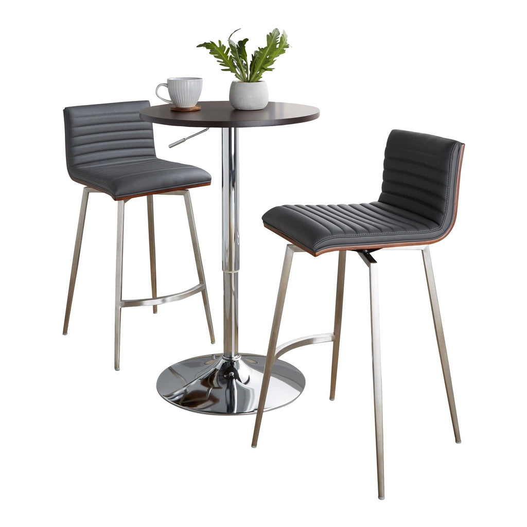Mason Swivel Adjustable Counter Height Dining Set - 3 Piece - Chrome Metal, Brown Wood, Grey PU, Stainless Steel