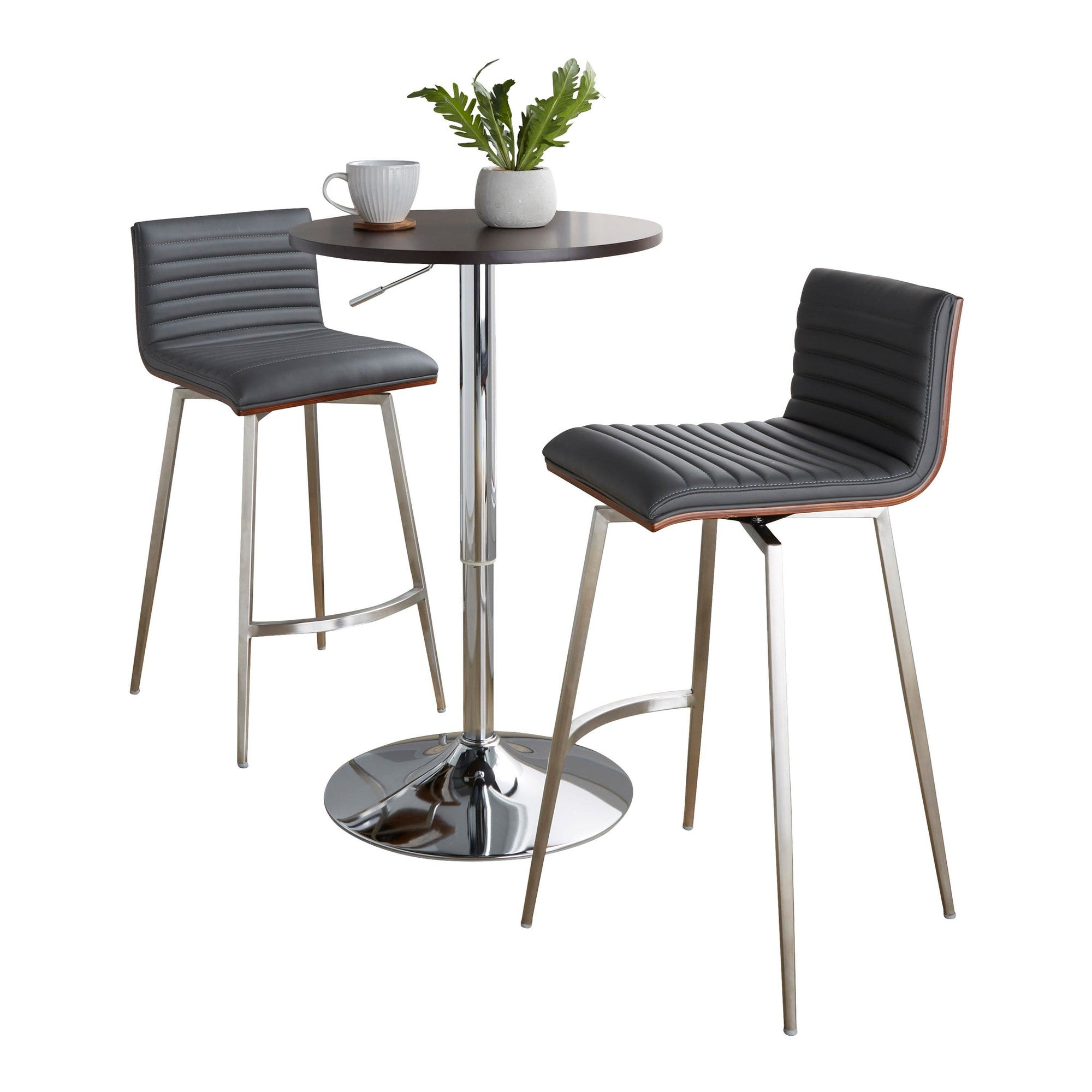 Mason Swivel Adjustable Counter Height Dining Set - 3 Piece - Chrome Metal, Brown Wood, Grey PU, Stainless Steel