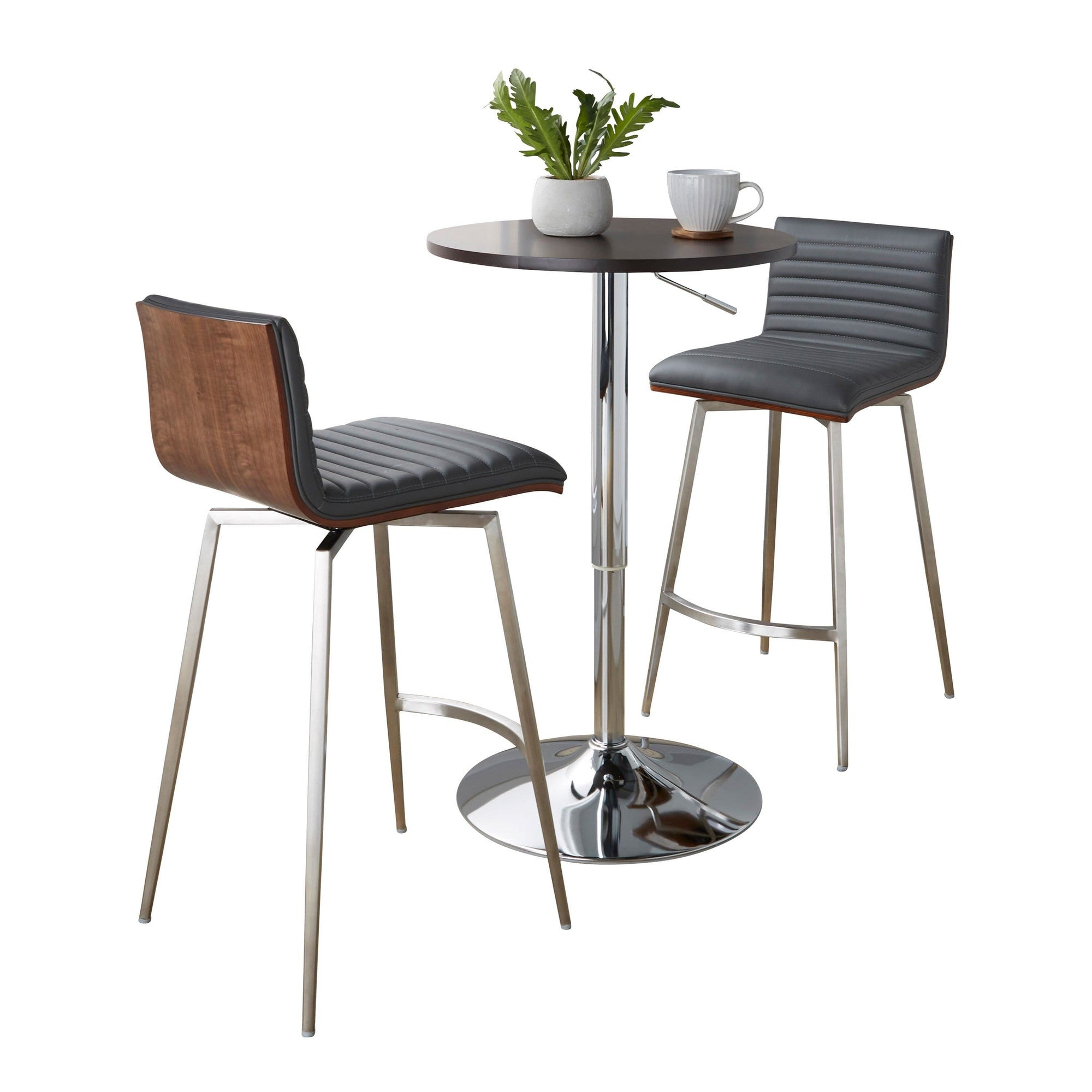Mason Swivel Adjustable Counter Height Dining Set - 3 Piece - Chrome Metal, Brown Wood, Grey PU, Stainless Steel