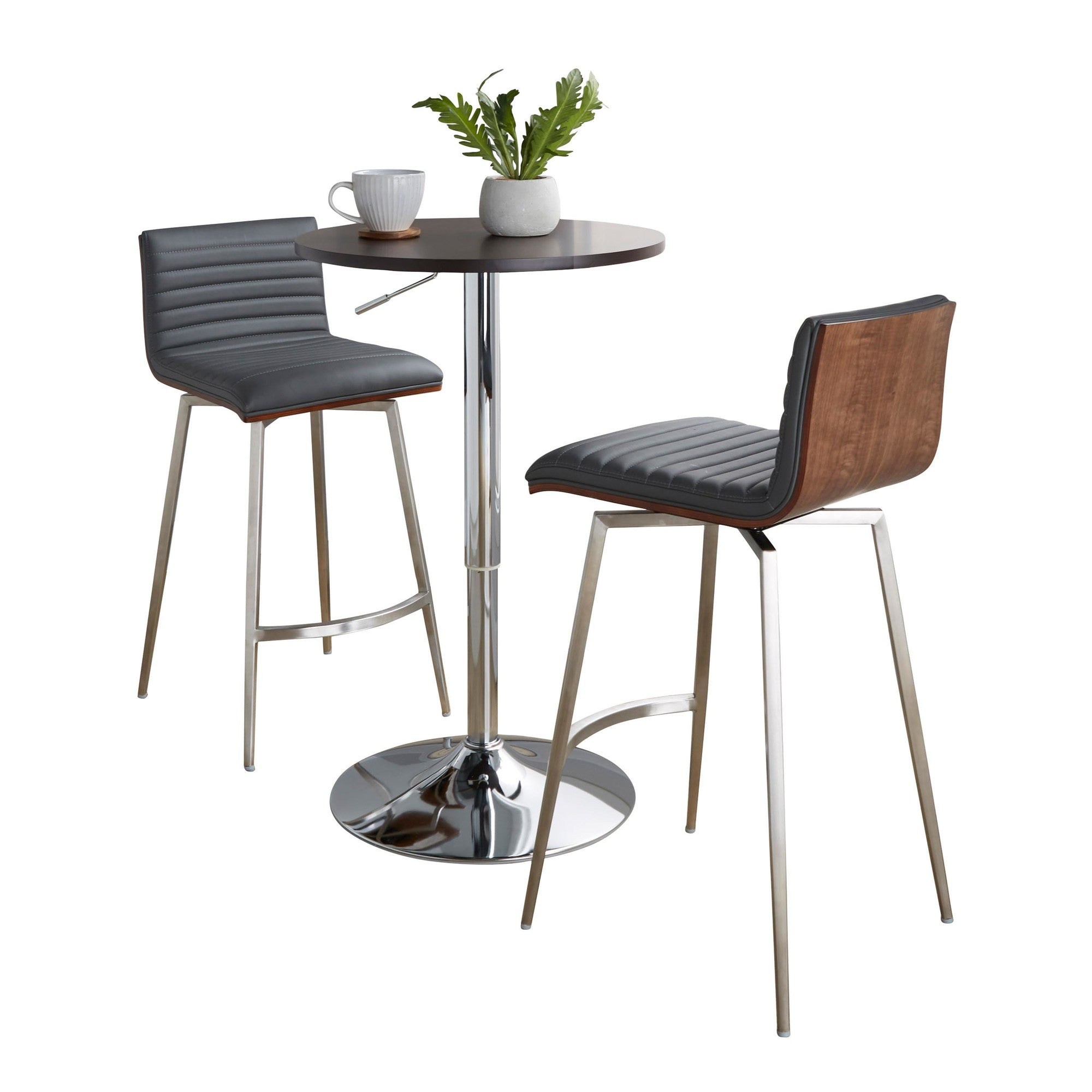 Mason Swivel Adjustable Counter Height Dining Set - 3 Piece - Chrome Metal, Brown Wood, Grey PU, Stainless Steel
