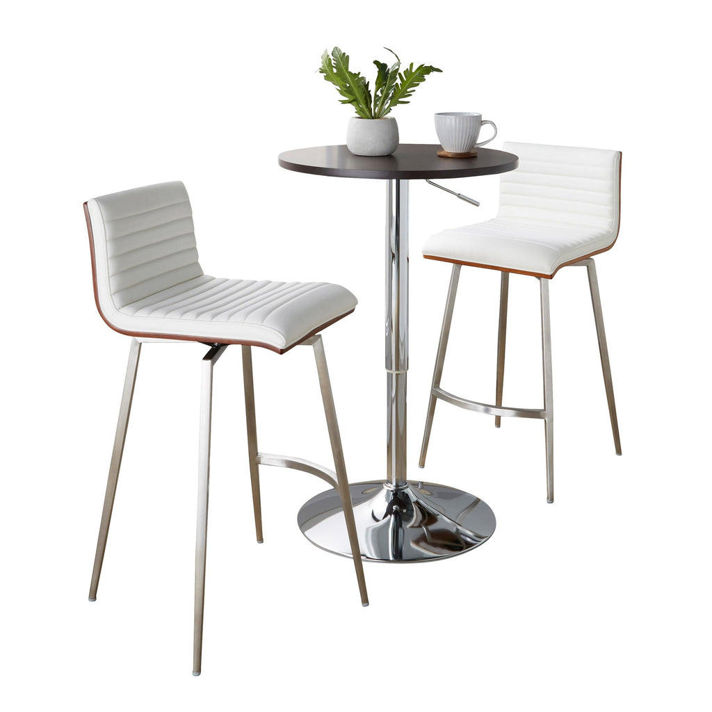Mason Swivel Adjustable Counter Height Dining Set - 3 Piece - Chrome Metal, Brown Wood, White PU, Stainless Steel