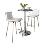 Mason Swivel Adjustable Counter Height Dining Set - 3 Piece - Chrome Metal, Brown Wood, White PU, Stainless Steel