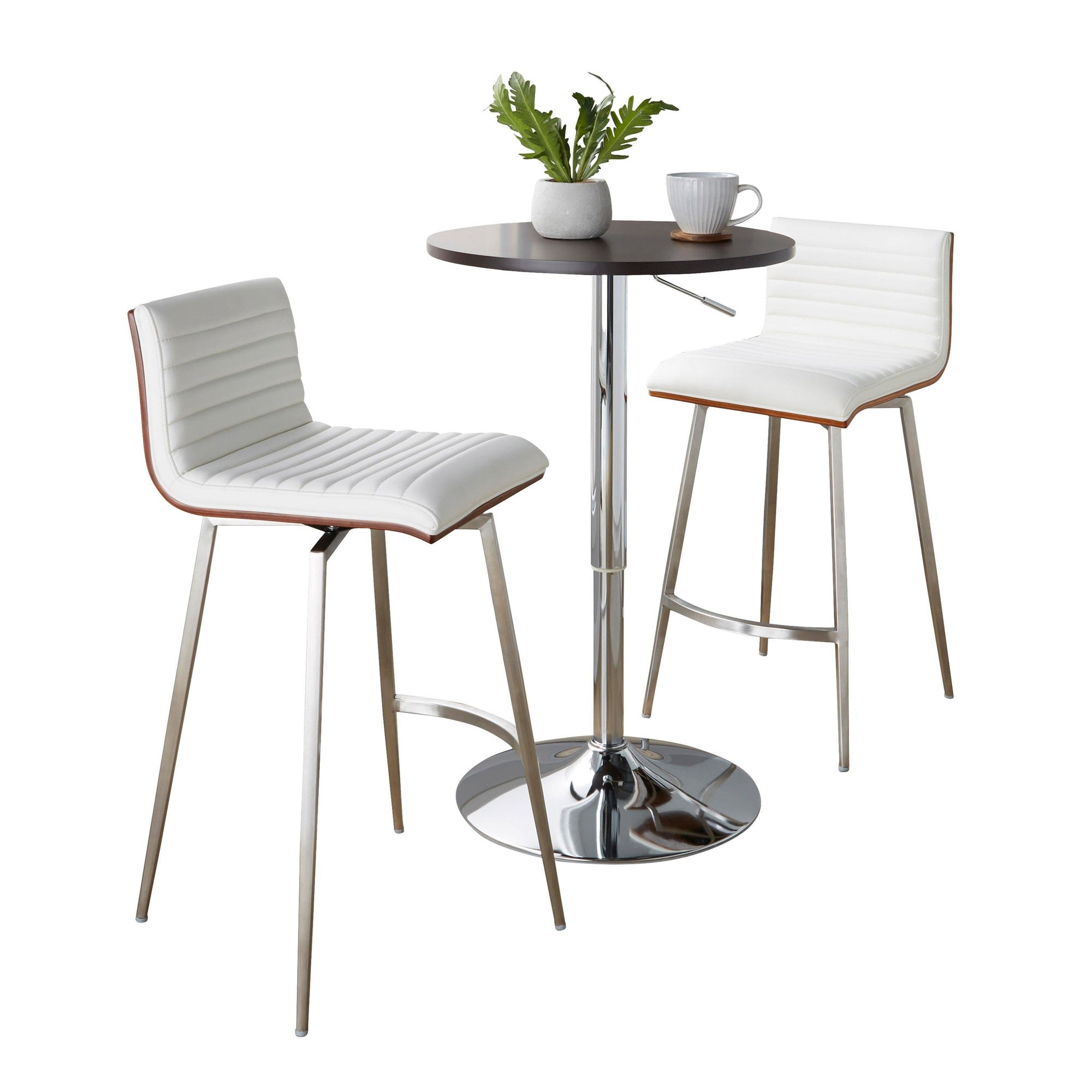 Mason Swivel Adjustable Counter Height Dining Set - 3 Piece - Chrome Metal, Brown Wood, White PU, Stainless Steel